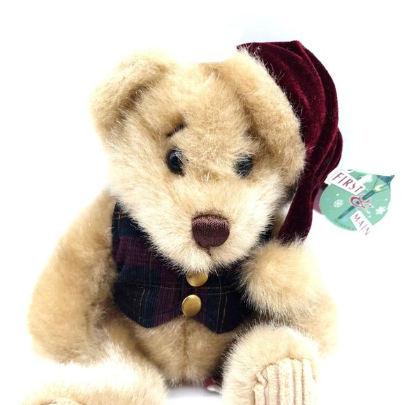First & Main Minky Holiday Teddy Bear Chirismas Plaid Vest Santa Hat Collectable - Picture 5 of 11